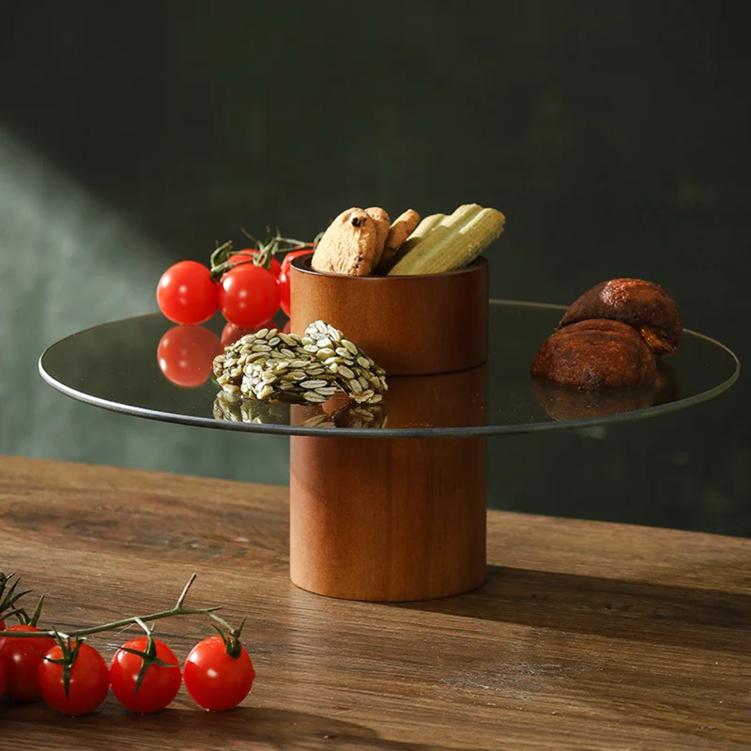 Glass Serving Stand with Raised Center and Acacia Base | 30cm Diameter