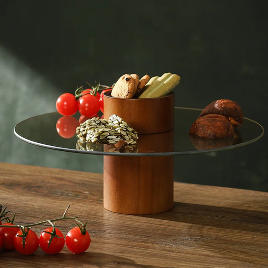 Glass Serving Stand with Acacia Base, 30cm