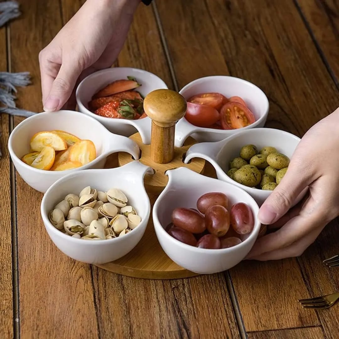 Rotating Bamboo Tray with 6 serving Mini Porcelain Cups