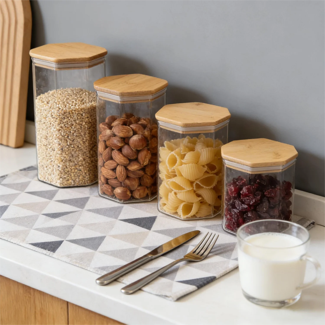 Hexagonal Airtight Glass Jars with Bamboo Lids