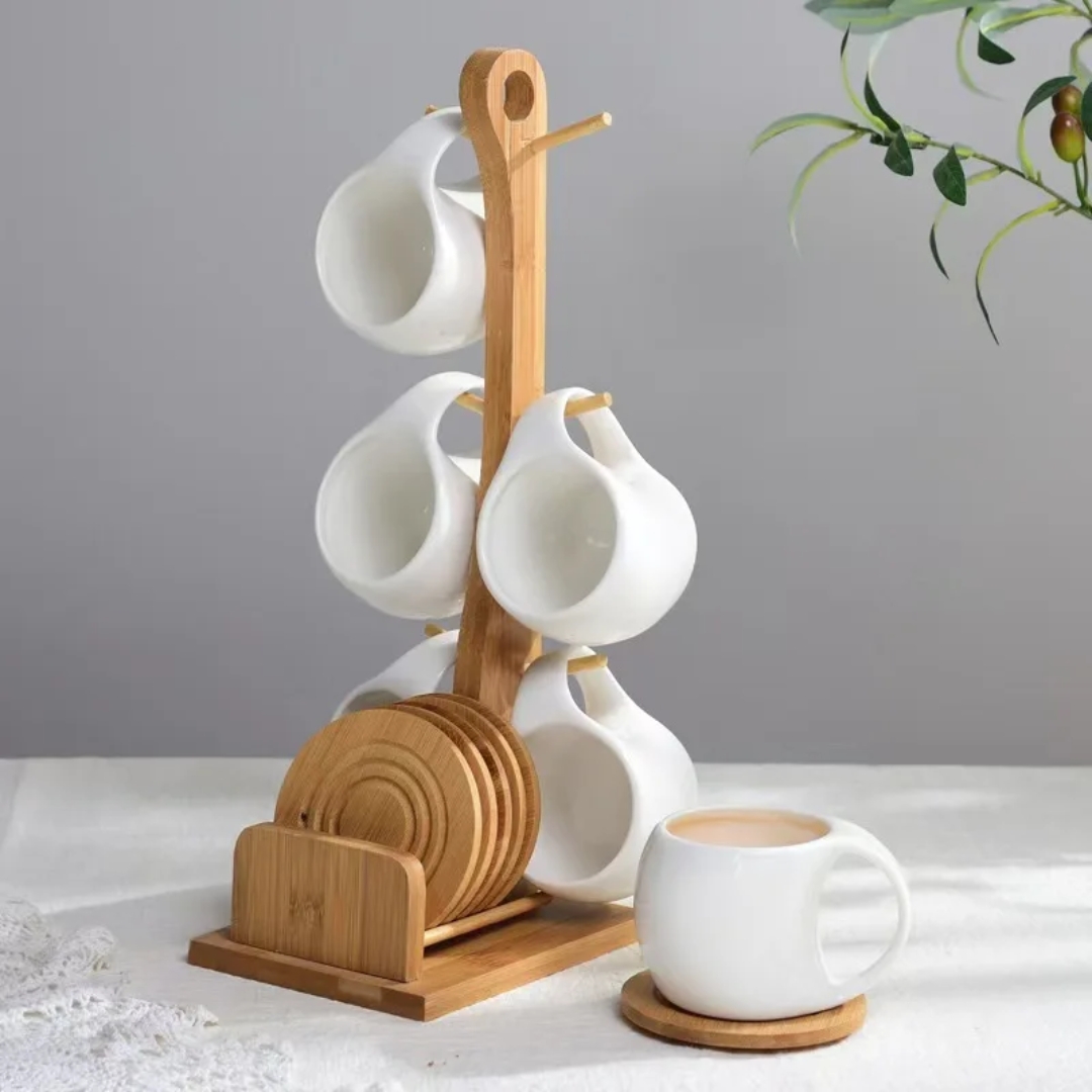 Bamboo Display Stand with 6 Teacups & 6 Bamboo coasters