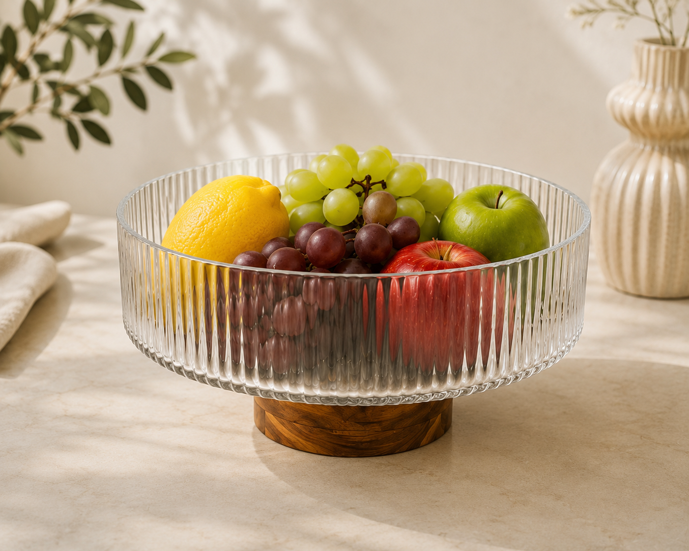 Ribbed Serving Bowls with Acacia Base | 3 Sizes