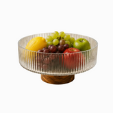 Ribbed Serving Bowl with Acacia Wood Base
