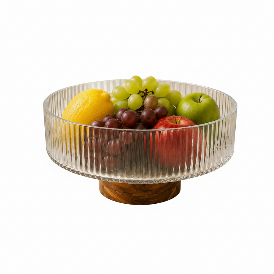 Ribbed Serving Bowl with Acacia Wood Base