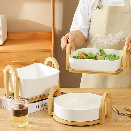 Serving Porcelain Bowl with Bamboo Base | 3 Shapes