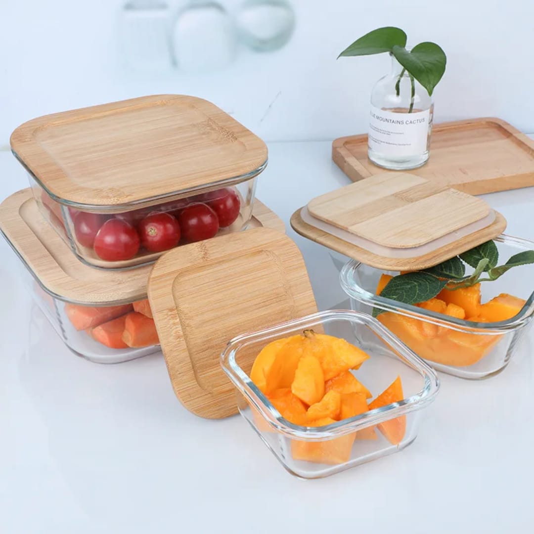 Glass tupperware set with bamboo lids
