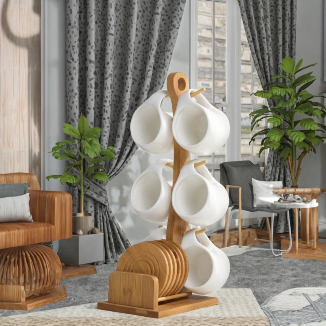 Bamboo Display Stand with 6 Teacups & 6 Bamboo coasters