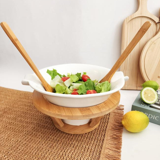 Porcelain White Serving Bowl with Bamboo Base | Diameter 30cm