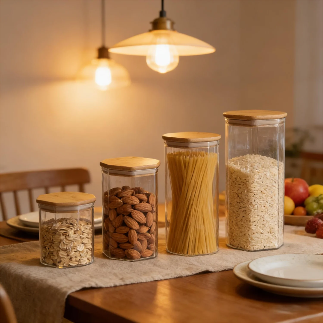 Hexagonal Airtight Glass Jars with Bamboo Lids