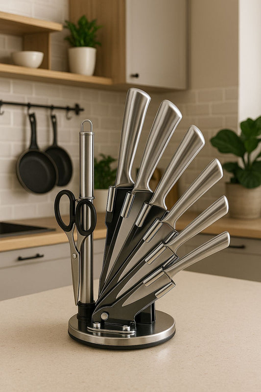 Set of Stainless Steel Stand + 6 Knives & Scissors