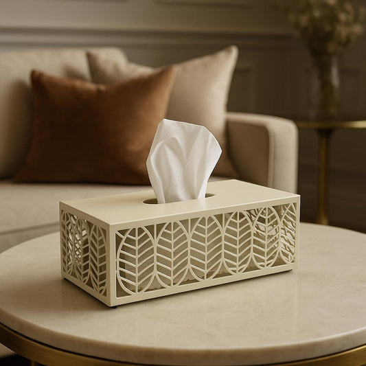 Iron Tissue Box Cover with Leaf Cut-Out Design – Beige