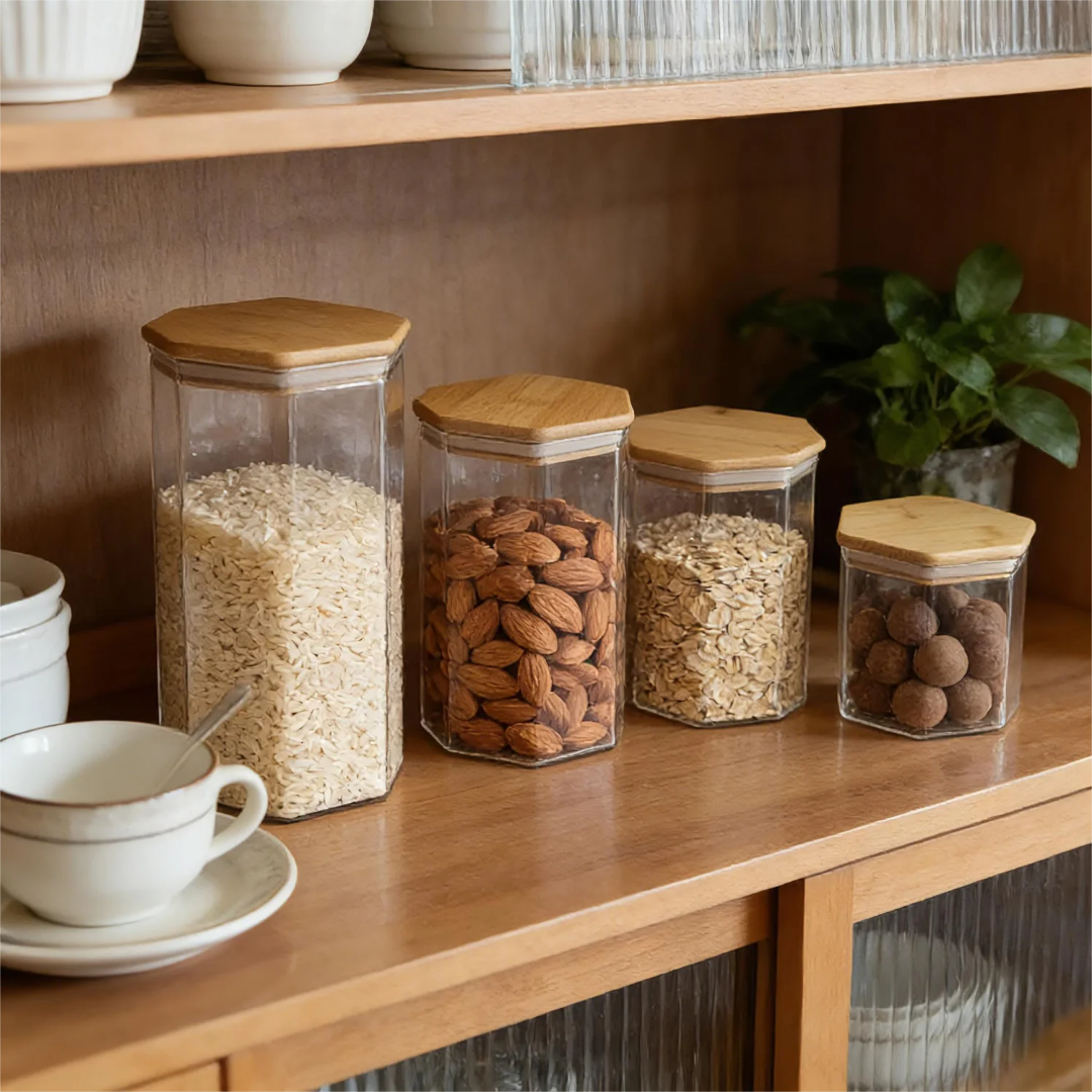 Hexagonal Airtight Glass Jars with Bamboo Lids