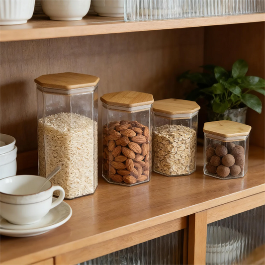Hexagonal Airtight Glass Jars with Bamboo Lids