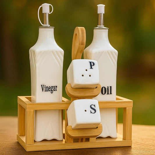 Bamboo Stand with 2 Dispensers & 2 Jars| Bamboo × Porcelain