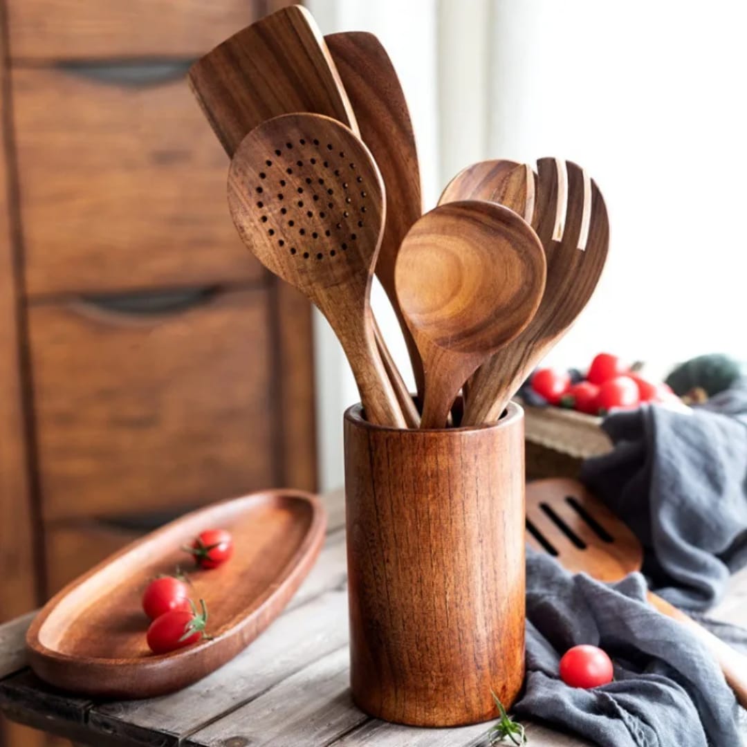 Dark Wooden Cooking Utensils Set