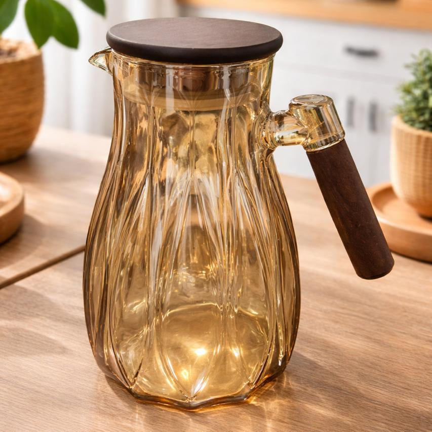 1500ml Golden Glass Jug with Bamboo lid and Bamboo Handle