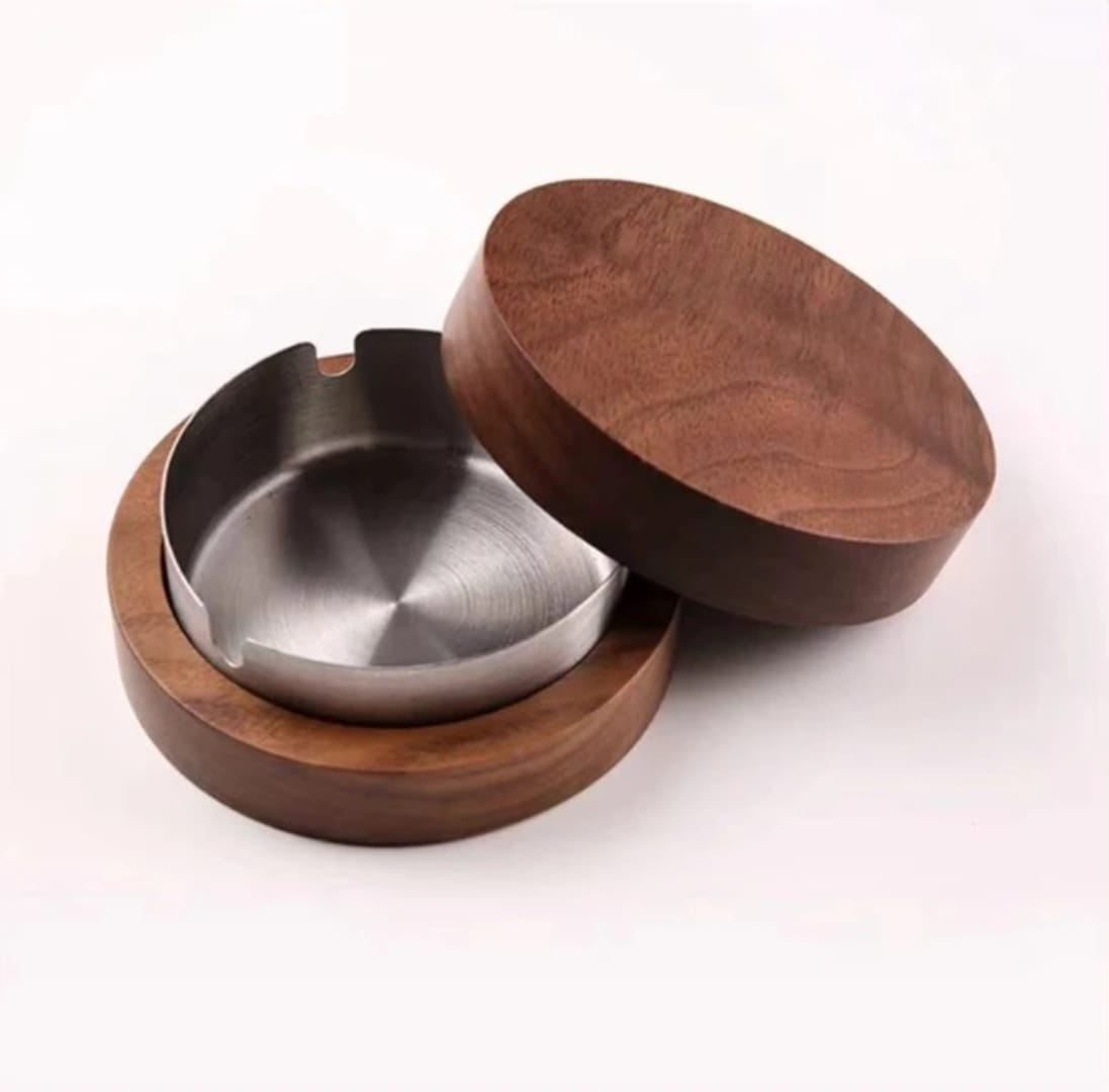 Stainless Steel Ashtray with Dark Bamboo Base and Lid