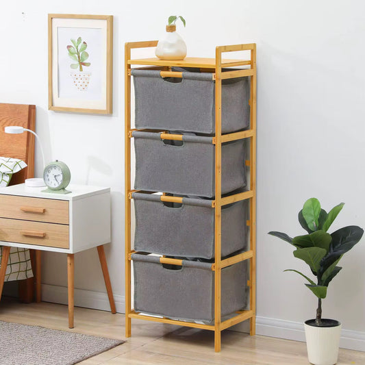 4-Tier Bamboo Stand with Gray Fabric Drawers