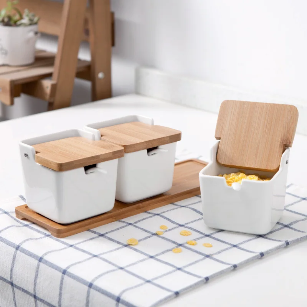 Porcelain Container Jars Set with Bamboo Tray| 2 Jars Set | 3 Jars Set