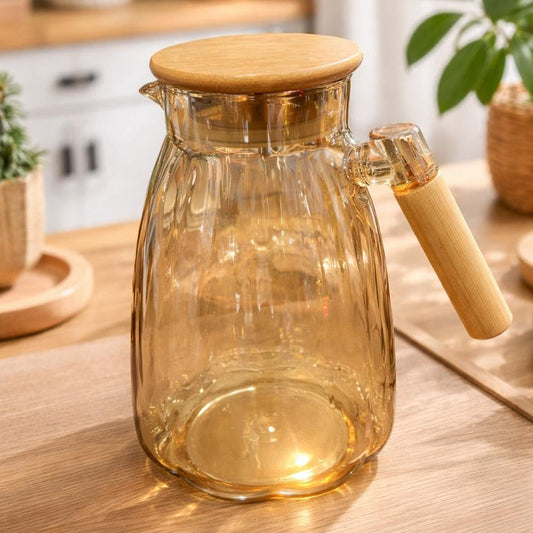 1500ml Golden Glass Jug with Bamboo lid and Bamboo Handle