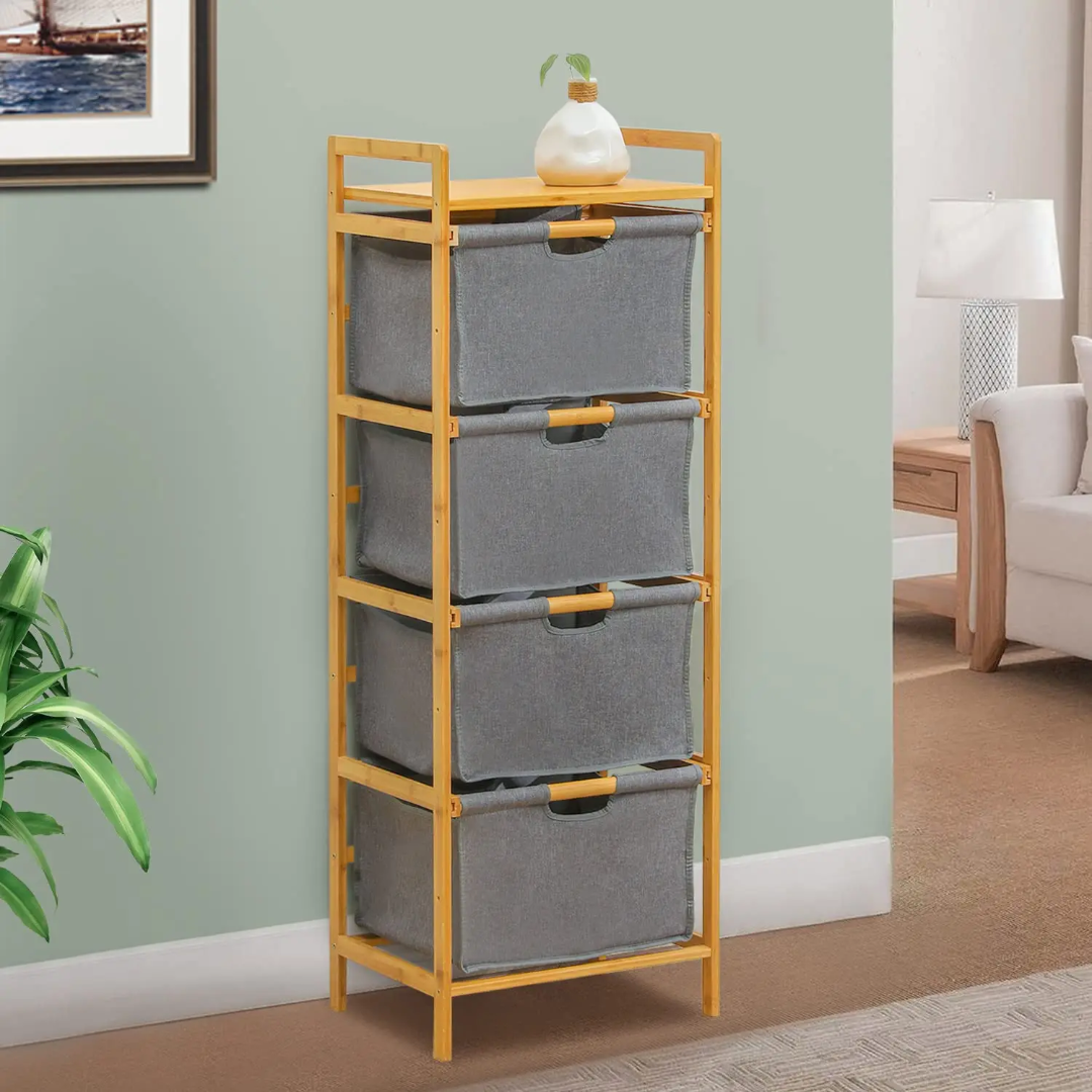 4-Tier Bamboo Stand with Gray Fabric Drawers - view 2
