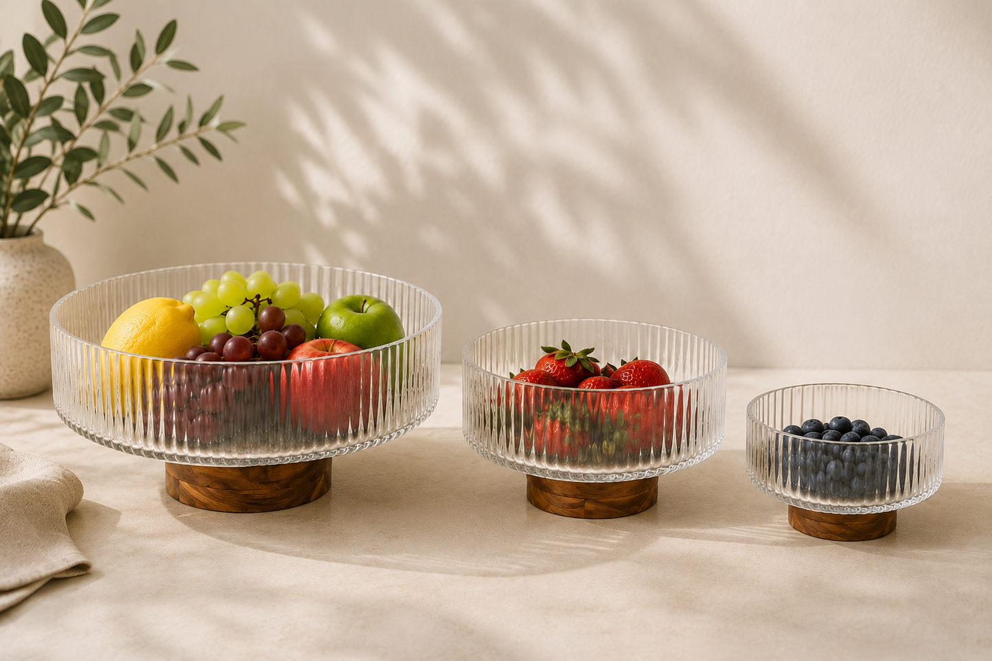 Ribbed Serving Bowls with Acacia Base | 3 Sizes