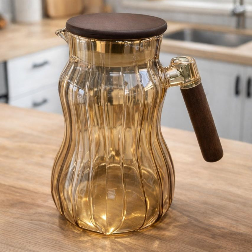 1500ml Golden Glass Jug with Bamboo lid and Bamboo Handle