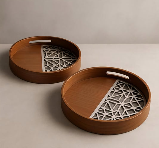 Round Wooden Serving Tray Set with Geometric Inlay – 2 Pieces