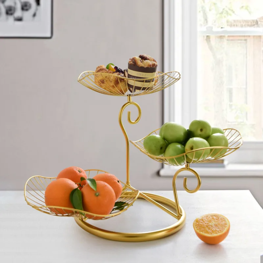 3-Tier Metal Fruit Basket Stand | Gold or Black | Anti-Rust Finish | 32cm Height
