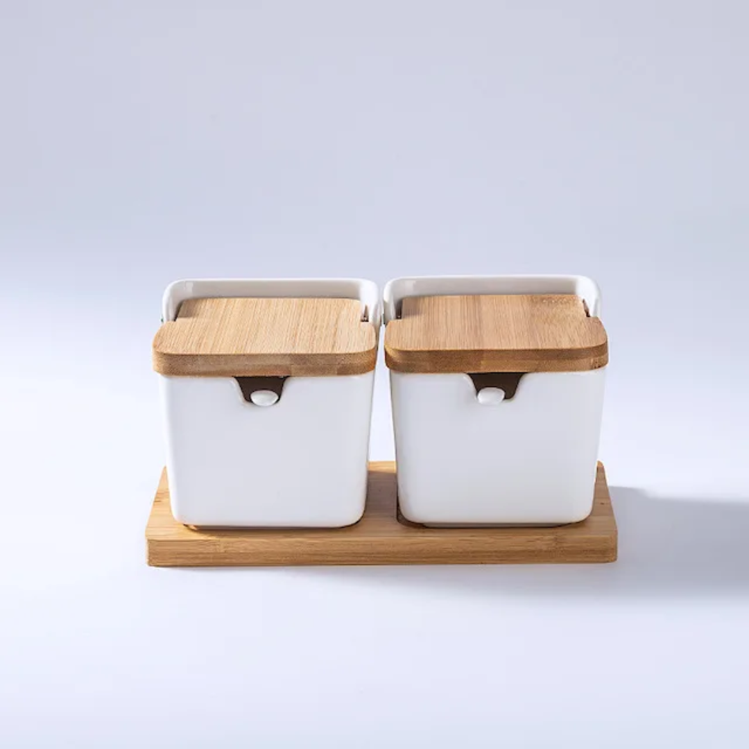 Porcelain Container Jars Set with Bamboo Tray| 2 Jars Set | 3 Jars Set