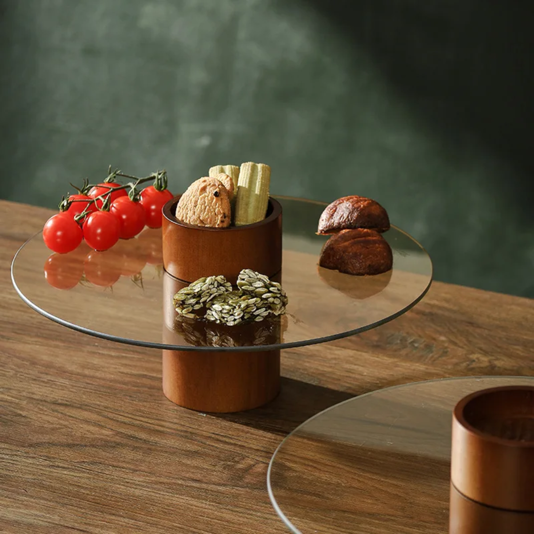 Glass Serving Stand with Raised Center and Acacia Base | 30cm Diameter