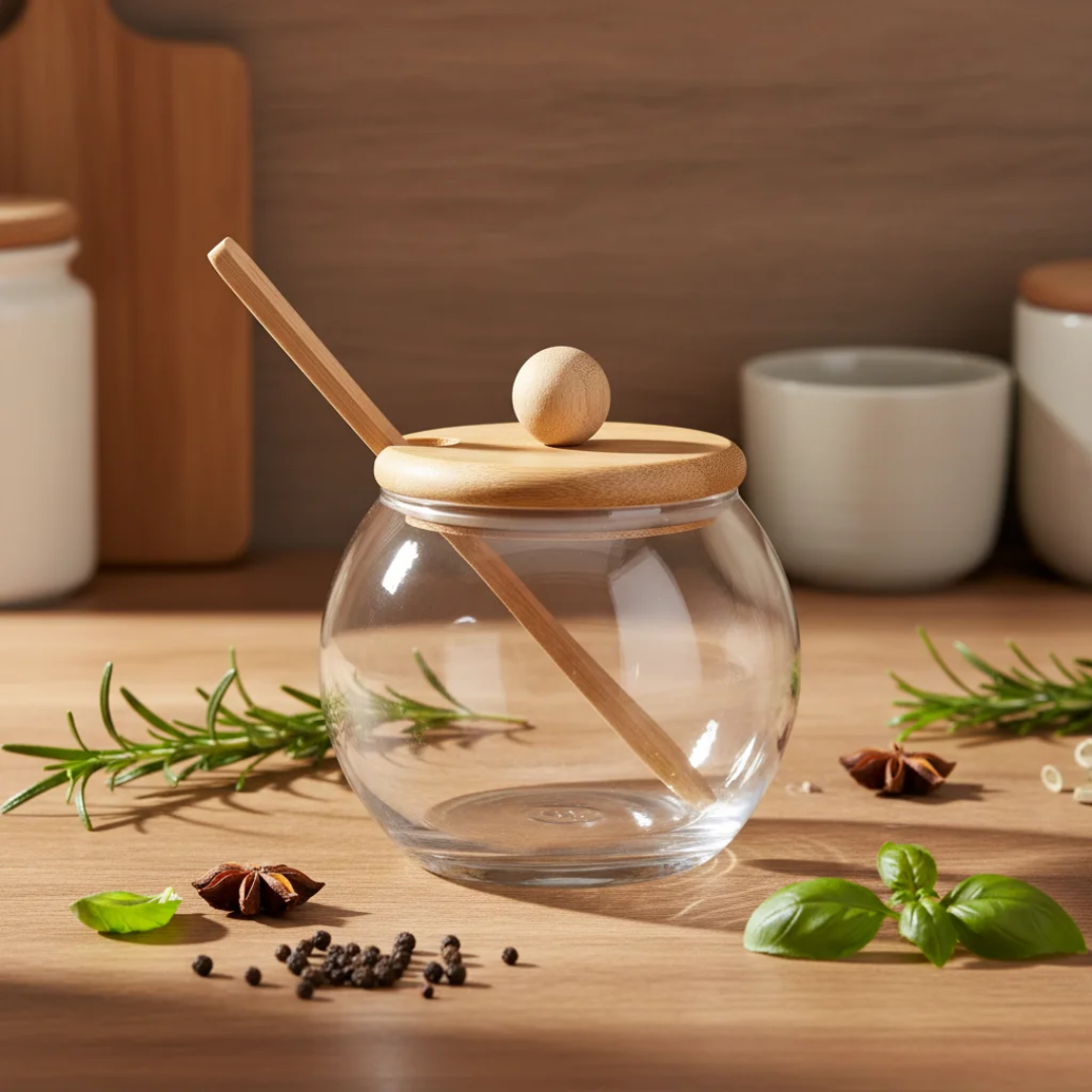 Glass Sugar and Spice Jar with Bamboo Lid and Spoon