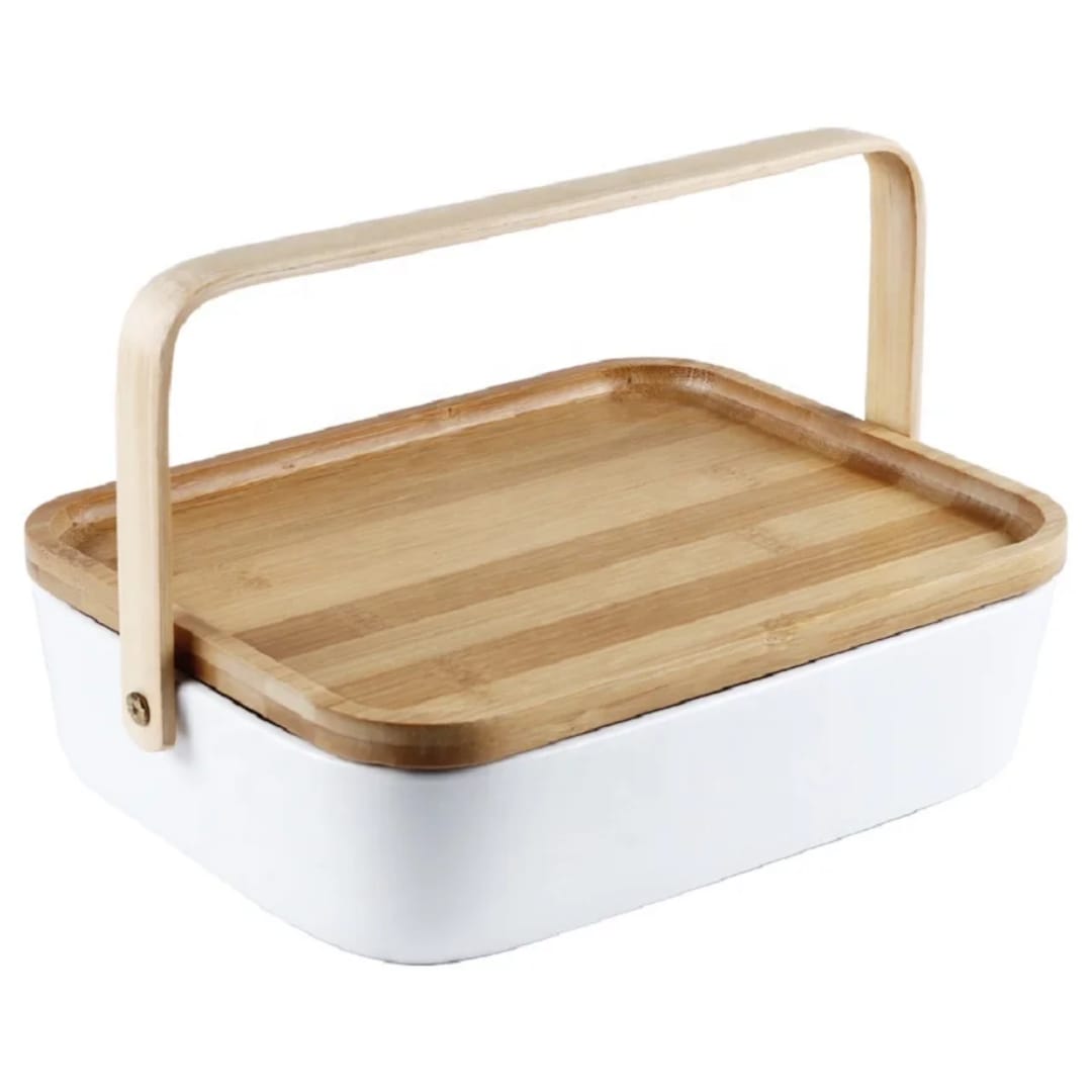 White × Bamboo Serving Plate with bamboo lid