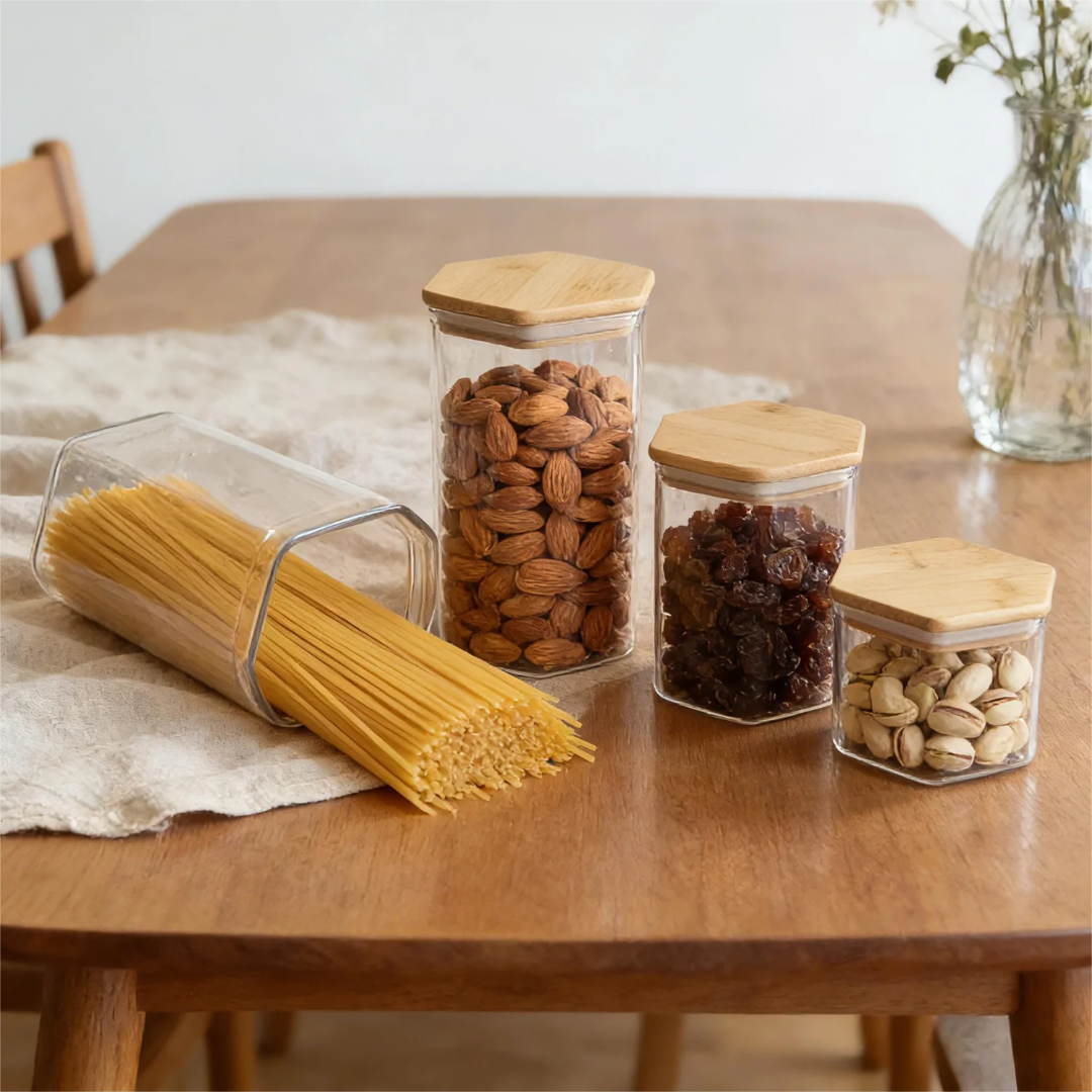 Hexagonal Airtight Glass Jars with Bamboo Lids