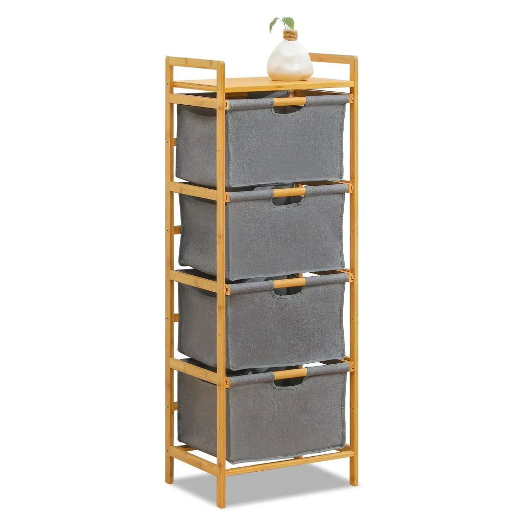 4-Tier Bamboo Stand with Gray Fabric Drawers - view 3