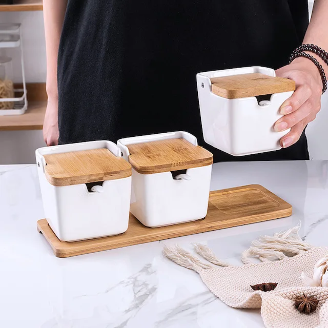 Porcelain Container Jars Set with Bamboo Tray| 2 Jars Set | 3 Jars Set