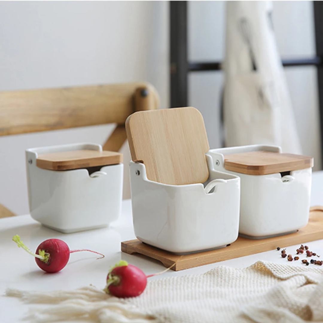 Porcelain Container Jars Set with Bamboo Tray| 2 Jars Set | 3 Jars Set