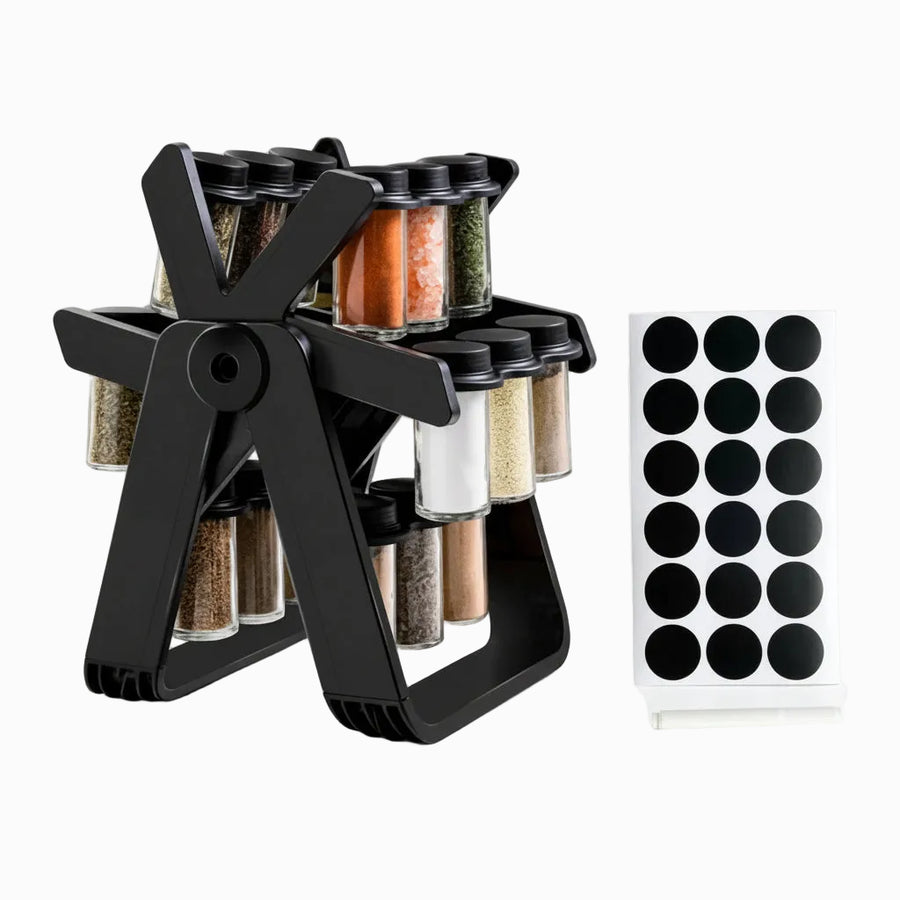 Rotating Spice Rack with 18 Glass Jars - black rotating stand with jars and blank chalkboard labels