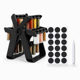 Black rotating spice rack with 18 glass jars of colorful spices, 18 blank chalkboard labels and a white chalk pen