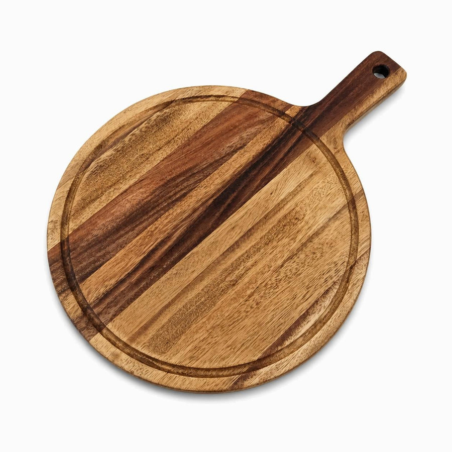 Round acacia wood serving board with handle, hanging hole and juice groove
