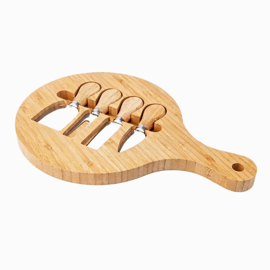 Round Bamboo Cheese Board with 4-Piece Knife Set - paddle board with knives stored inside