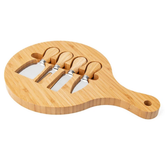 Round bamboo cheese board with 4 stainless steel cheese knives