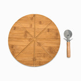 Top view of round bamboo pizza board with 8 slice grooves next to a pizza cutter