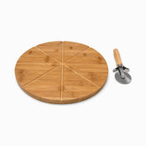 Round bamboo pizza board with 8 carved slice grooves and a stainless steel pizza cutter with wooden handle