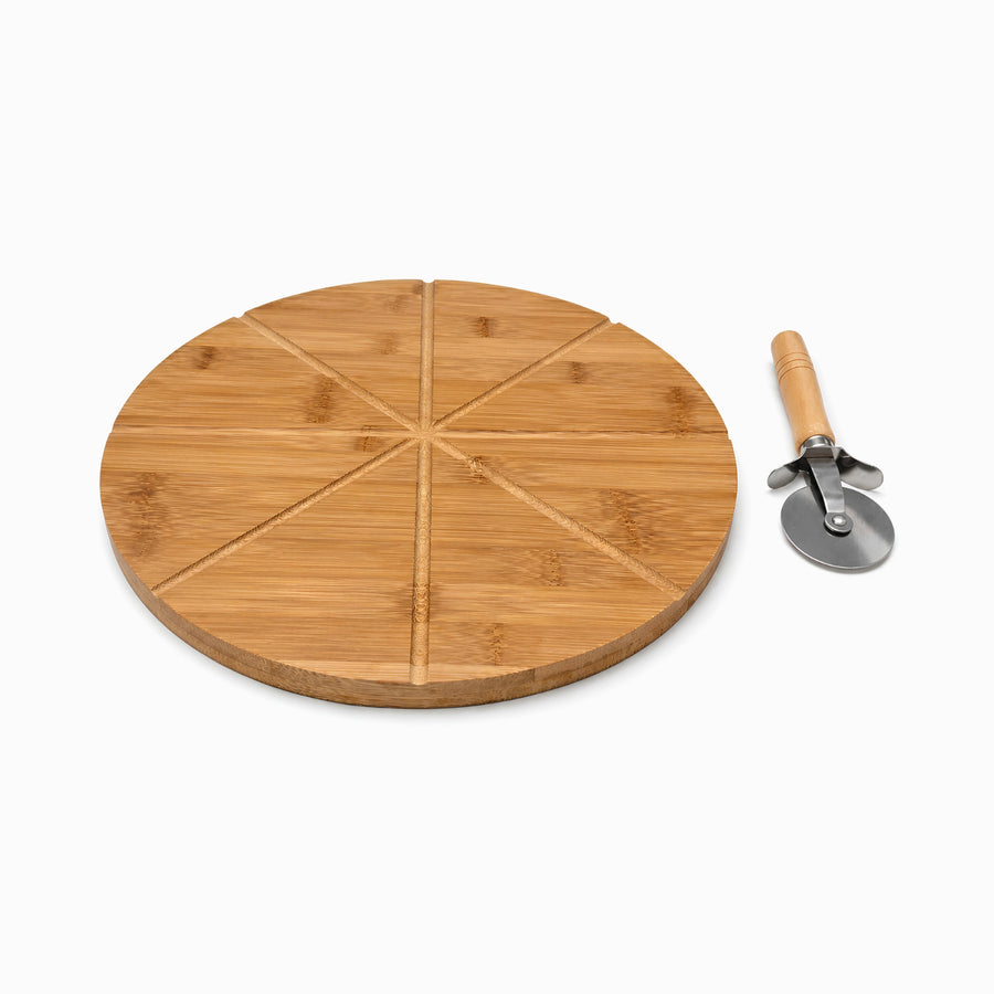 Round bamboo pizza board with 8 carved slice grooves and a stainless steel pizza cutter with wooden handle