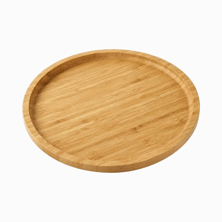 Round bamboo serving platter with raised edge, top view