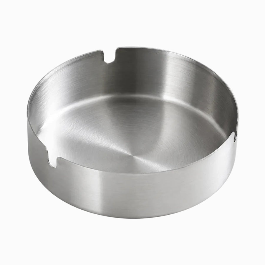 Round brushed stainless steel ashtray with 3 cigarette slots