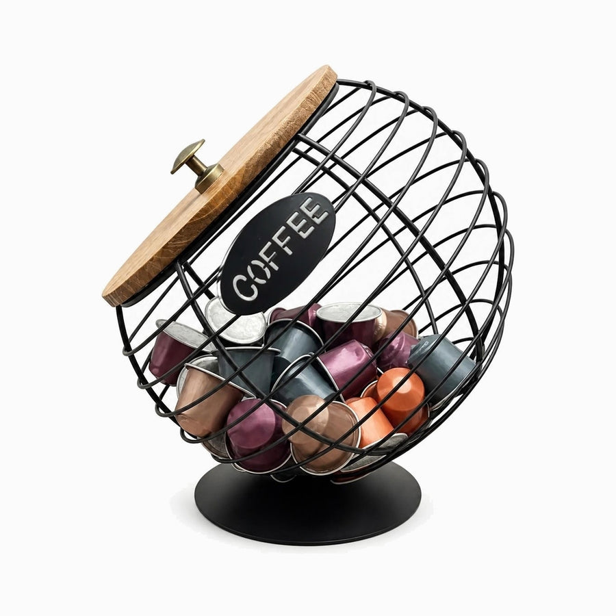 Round Wire Coffee Pod Holder with Wooden Lid and COFFEE plate, filled with coffee capsules