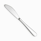 Single mirror-polished stainless steel table knife with plain rounded handle and serrated edge, diagonal view