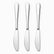 Three mirror-polished stainless steel table knives with serrated edges lined up in a row